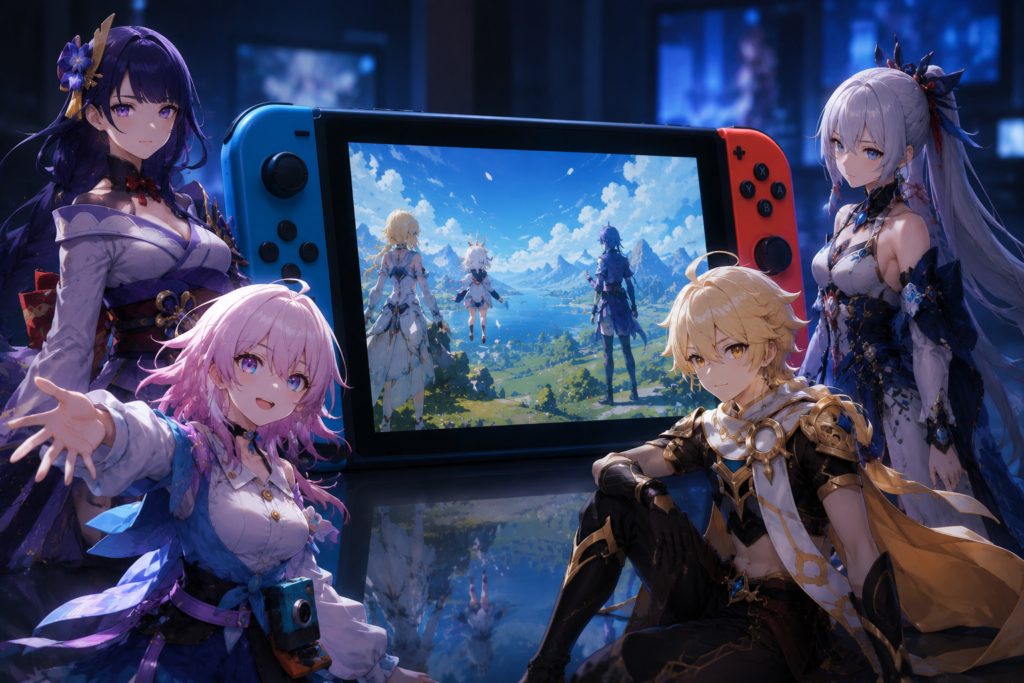 Gacha games on switch concept illustration featuring anime characters surrounding a Nintendo Switch console displaying a fantasy landscape