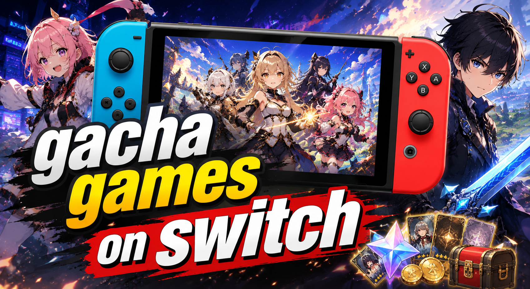 Gacha games on switch fantasy illustration featuring a group of adventurers gathered around a glowing magic crystal sphere on a stone table