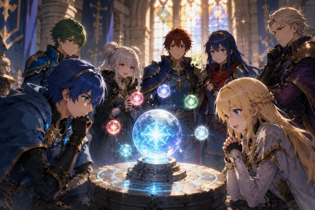 Gacha games on switch fantasy illustration featuring a group of adventurers gathered around a glowing magic crystal sphere on a stone table