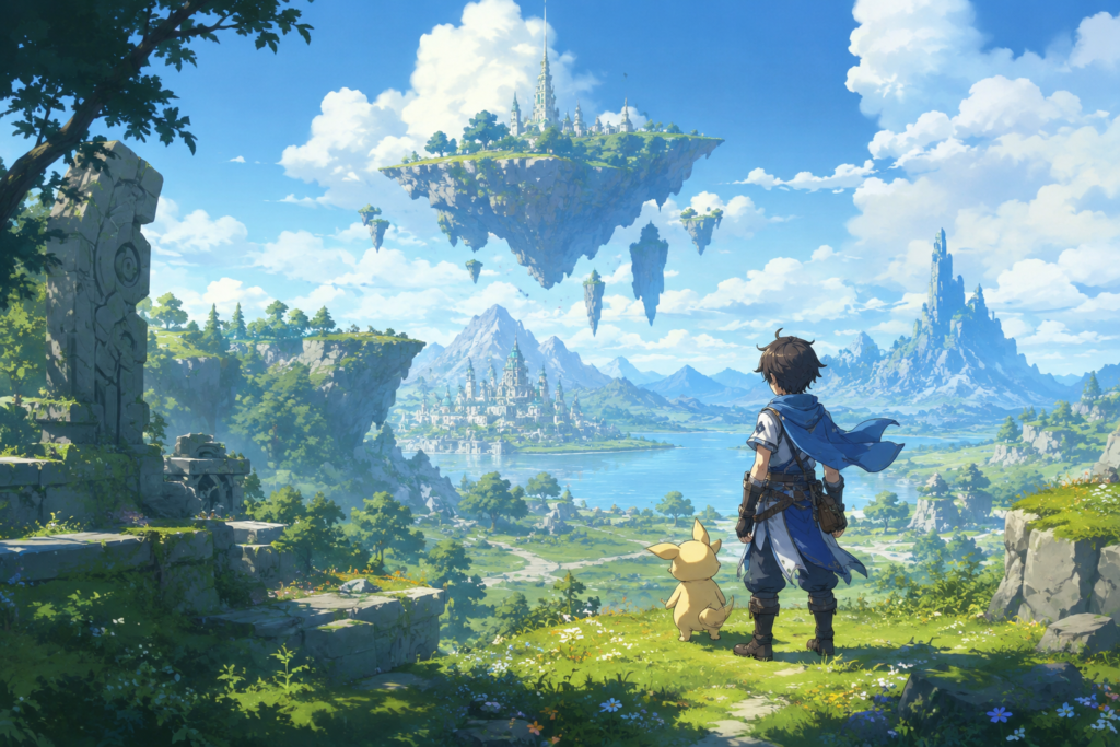 Gacha games on switch fantasy landscape illustration featuring an adventurer and a small companion looking at floating islands and a castle
