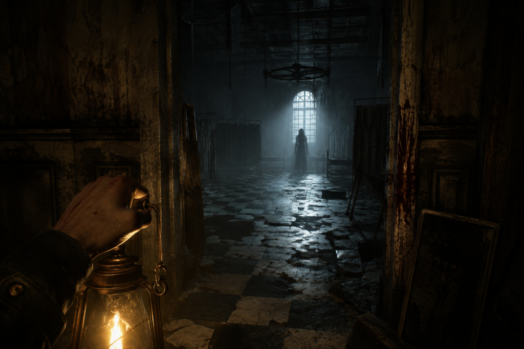 First-person survival horror game screenshot showing a player holding a lantern in a dark, blood-stained asylum corridor facing a ghostly entity