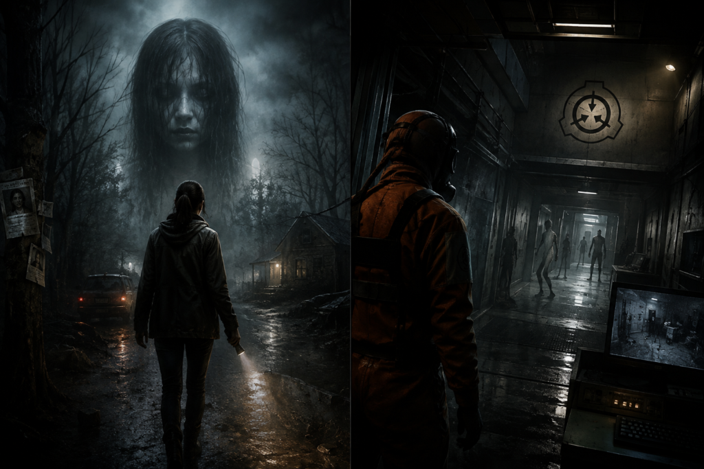 Split-screen horror gaming art showing a person walking with a flashlight on a dark road beneath a giant ghostly face, and a hazmat agent in an eerie containment facility hallway
