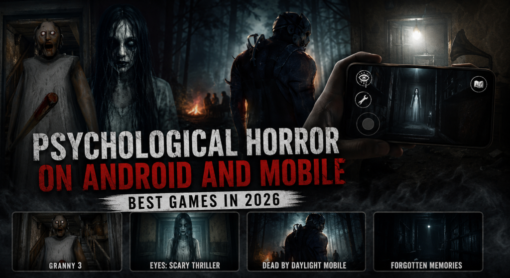 Psychological horror on Android and mobile best games in 2026 feature image showing mobile gameplay with Granny 3, Eyes, Dead by Daylight Mobile, and Forgotten Memories thumbnails