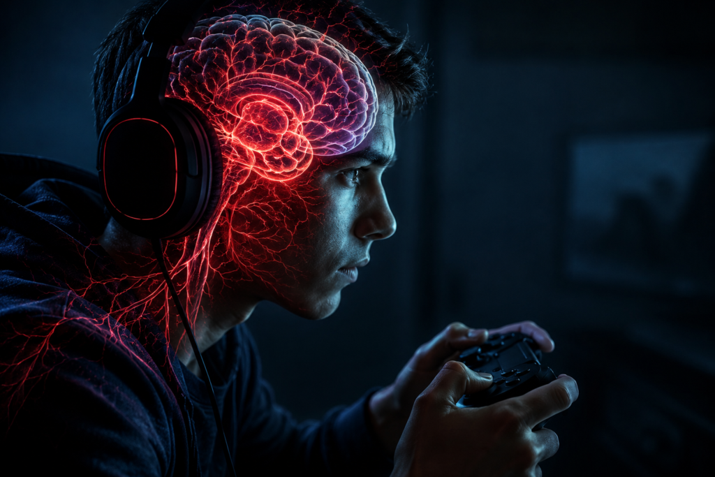 Conceptual illustration of a gamer wearing headphones playing a horror game with a glowing red brain showing psychological impact and brain activity