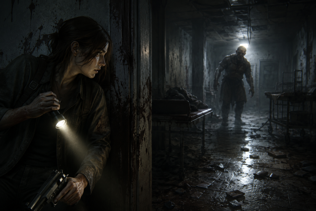 Survival horror game scene showing a terrified woman hiding with a flashlight and gun while a terrifying monster approaches in a dark corridor