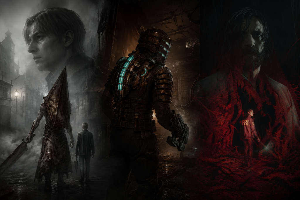 Dark psychological and survival horror games collage featuring iconic characters, scary monsters, and spooky sci-fi aesthetics