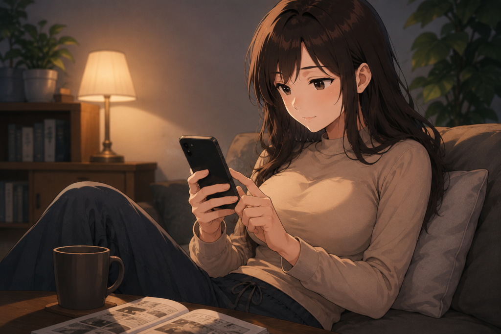 Cozy anime illustration of a young woman relaxing on a sofa in warm lighting while using her smartphone with a comic book and coffee on the table