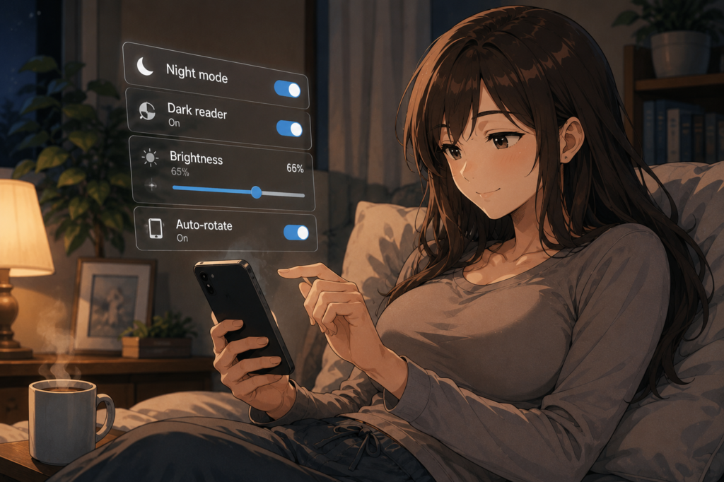 Anime webtoon illustration of a young woman relaxing in bed at night using a smartphone with floating night mode and dark reader settings on pepper0 family android.