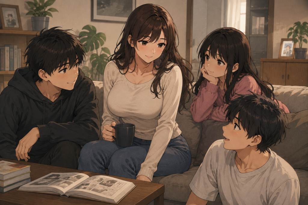 Cozy anime webtoon illustration of four family members relaxing together in a living room while looking at an open comic book