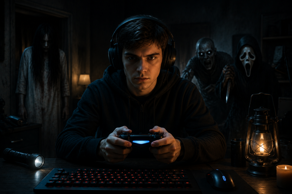 A focused young gamer wearing headphones holding a controller in a dark room with scary horror characters lurking in the background