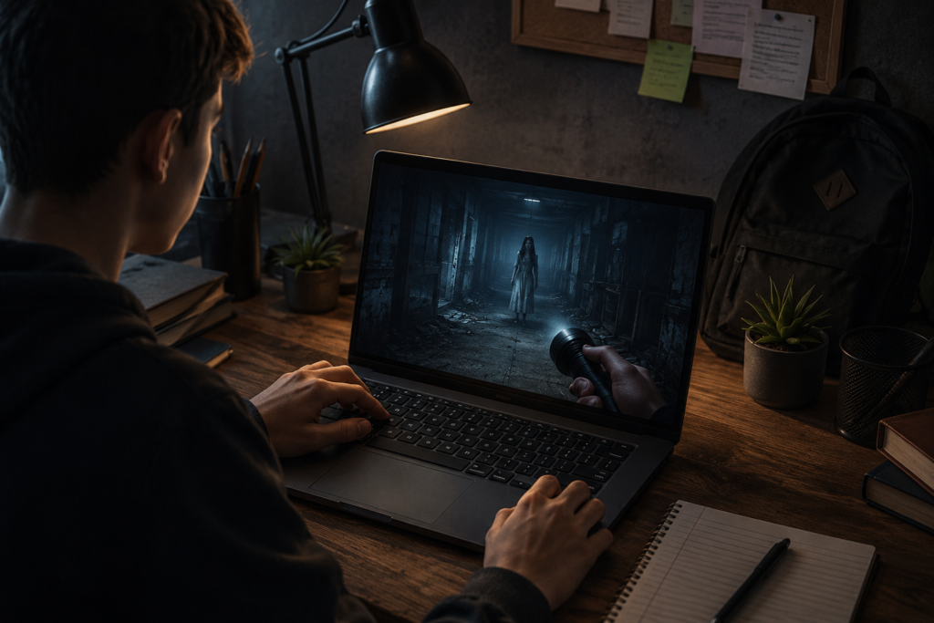 A young student sitting at a desk playing a scary horror game on a laptop in a cozy dark room with a desk lamp