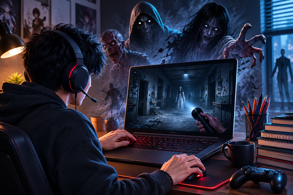 An anime gamer boy wearing headphones playing a horror game on a laptop with scary ghosts and monsters emerging in the background