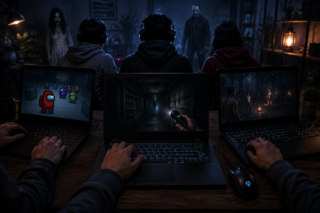 Three friends playing multiplayer horror games on separate laptops in a dark room with creepy figures lurking in the background