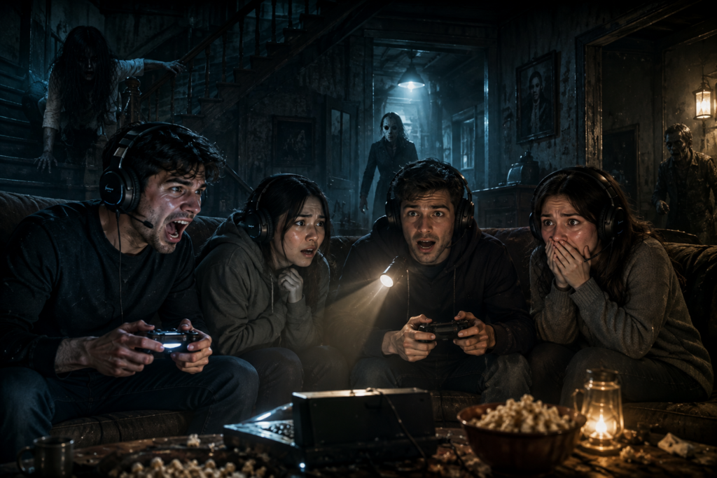A group of four friends wearing gaming headsets playing a scary co-op horror game together in a dark room with monsters in the background