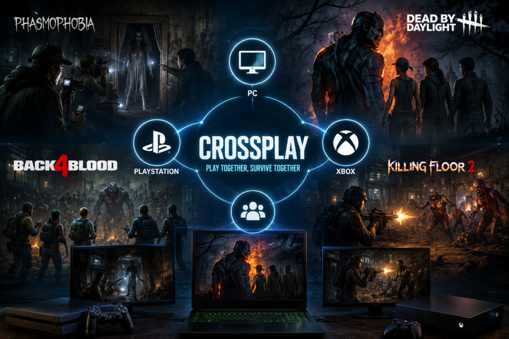 Crossplay horror games infographic showing icons for PC, PlayStation, Xbox, and popular multiplayer horror games like Phasmophobia and Dead by Daylight