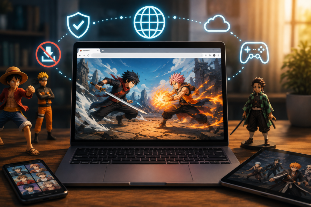 play unblocked anime games online on laptop browser without download featuring anime figures