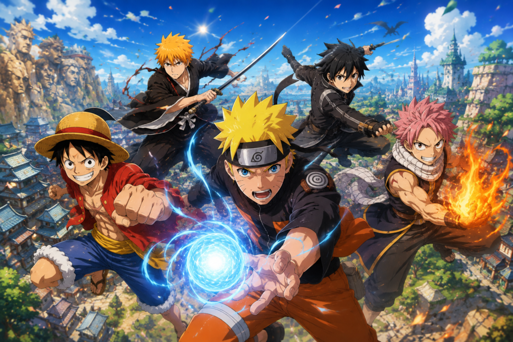 best anime fighting games unblocked featuring naruto luffy ichigo Kirito and natsu in battle poses