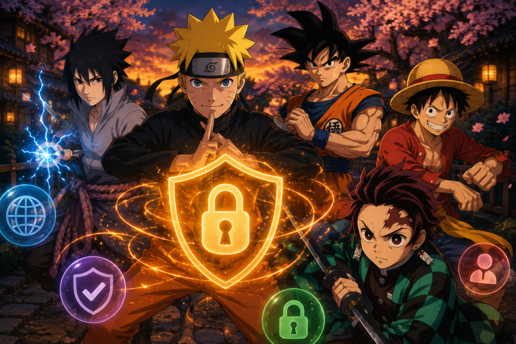 safe unblocked anime games security shield featuring naruto goku luffy sasuke and tanjiro