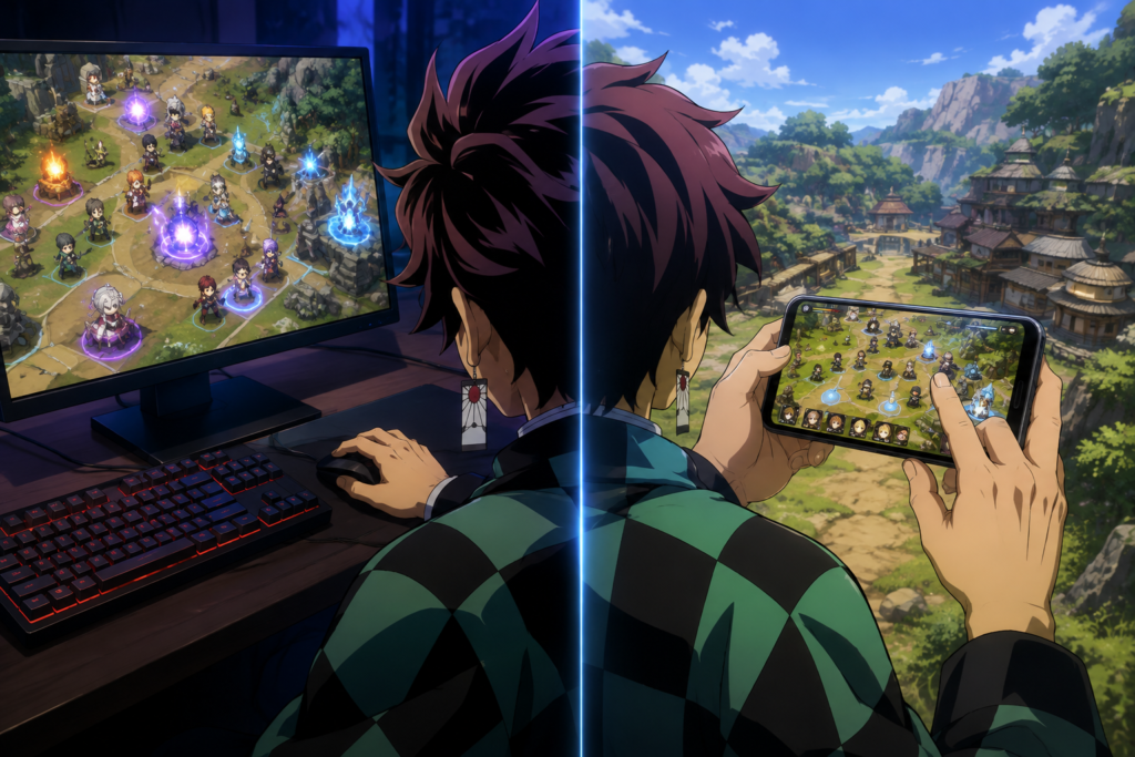 cross platform anime games unblocked played on PC monitor and smartphone by Tanjiro Kamado