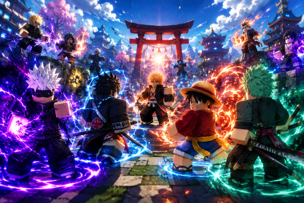 roblox anime games unblocked showing blocky gojo luffy zoro and ichigo in fighting arena