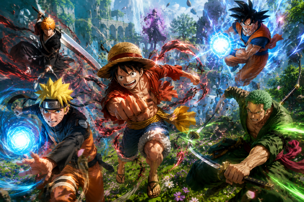 top anime action games unblocked with luffy naruto goku zoro and ichigo in battle stance