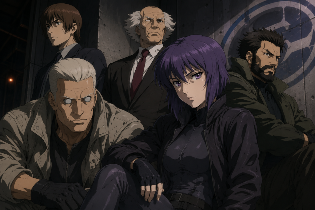 ghost in the shell section 9 characters including motoko kusanagi batou and aramaki