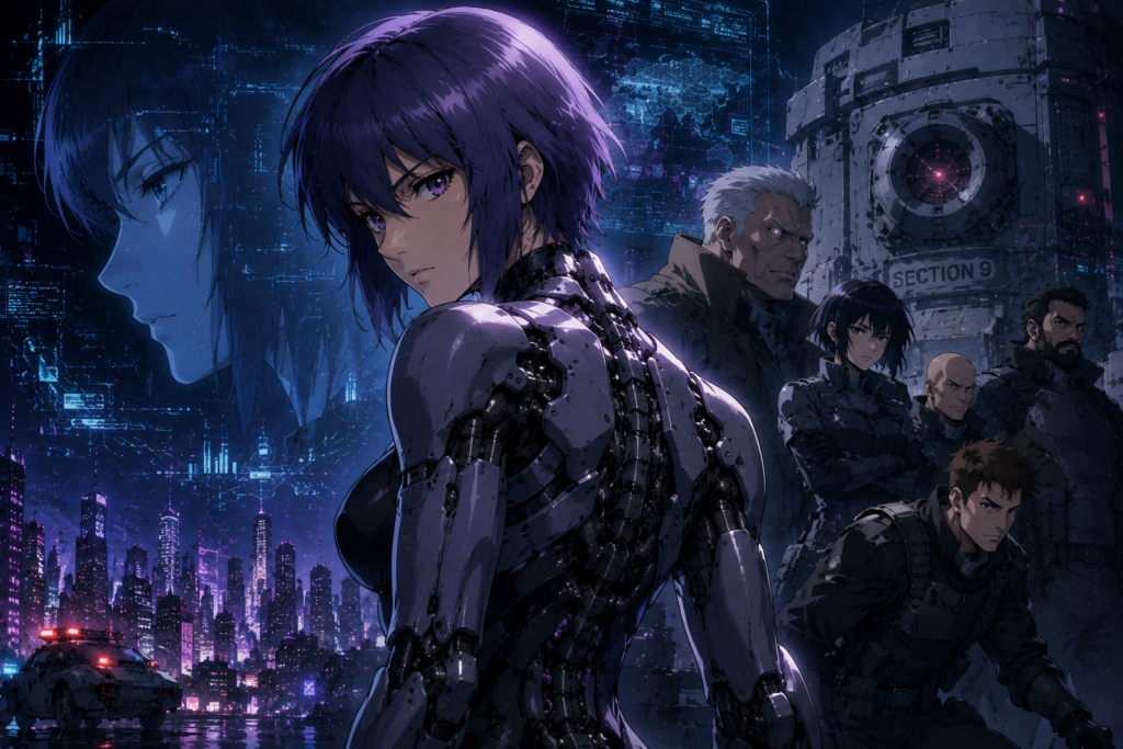 ghost in the shell standalone complex game artwork with cybernetic motoko kusanagi and section 9 squad