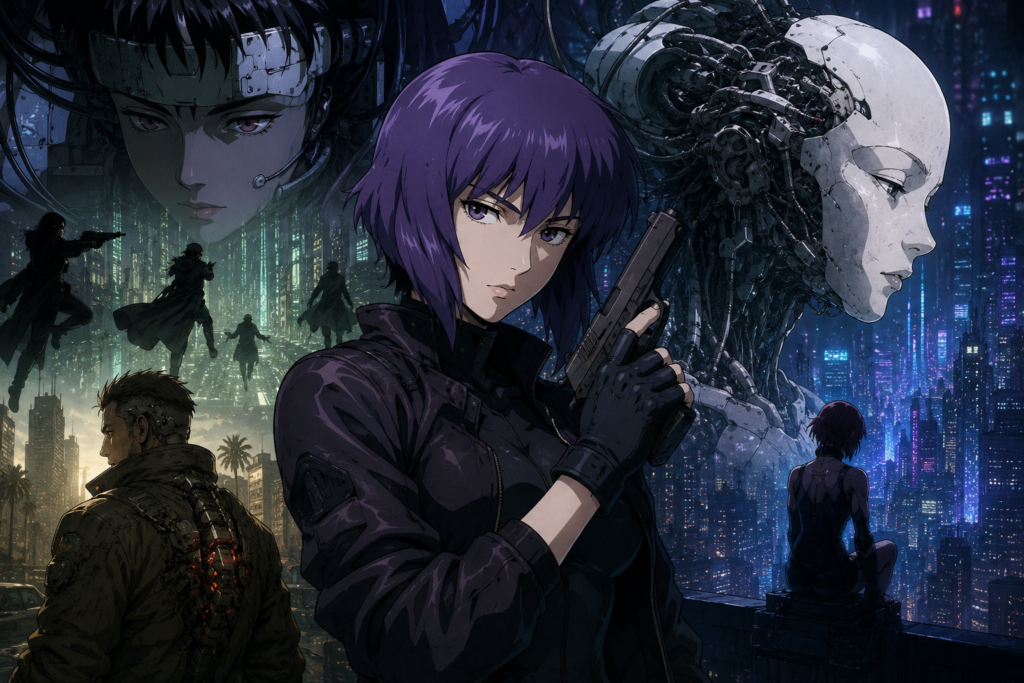 ghost in the shell anime game banner featuring major motoko kusanagi holding handgun in cyberpunk city