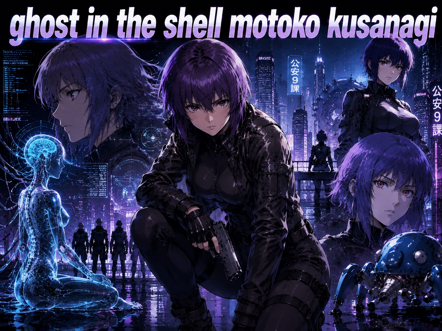 ghost in the shell motoko kusanagi crouching with handgun in cyberpunk city banner