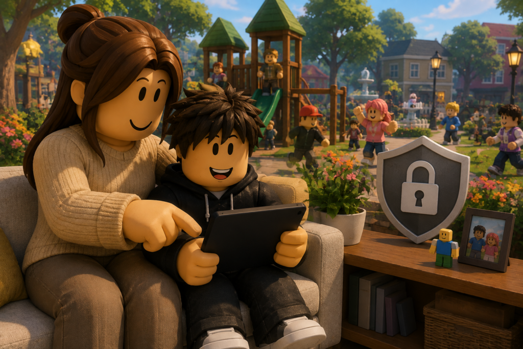 safe roblox parental controls guide showing mother and child using tablet with security shield icon
