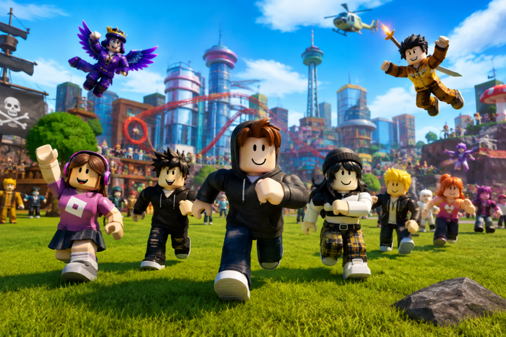 roblox games unblocked avatars running across grassy field in vibrant virtual city world