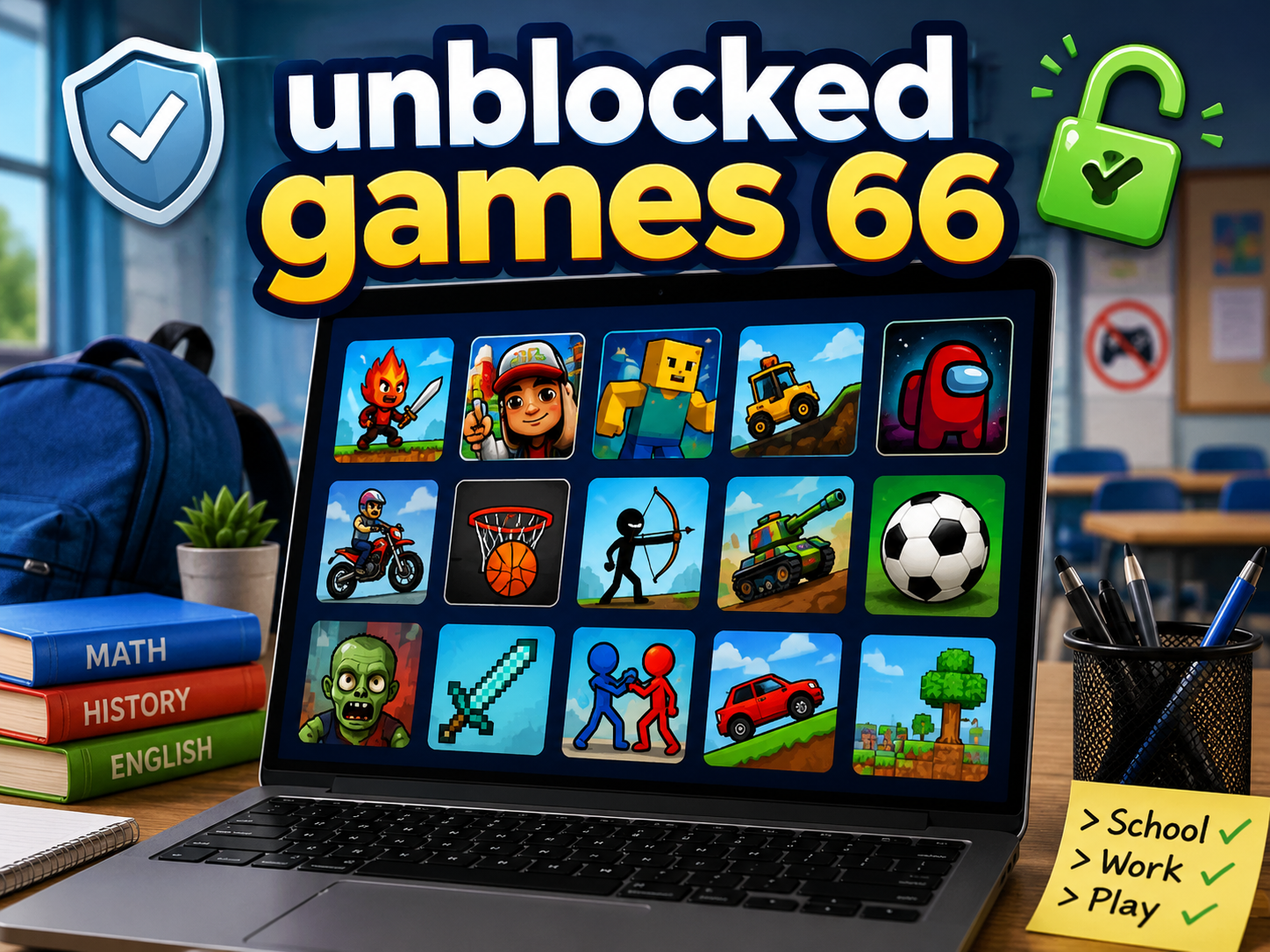 unblocked games 66 browser menu on laptop screen inside classroom setting