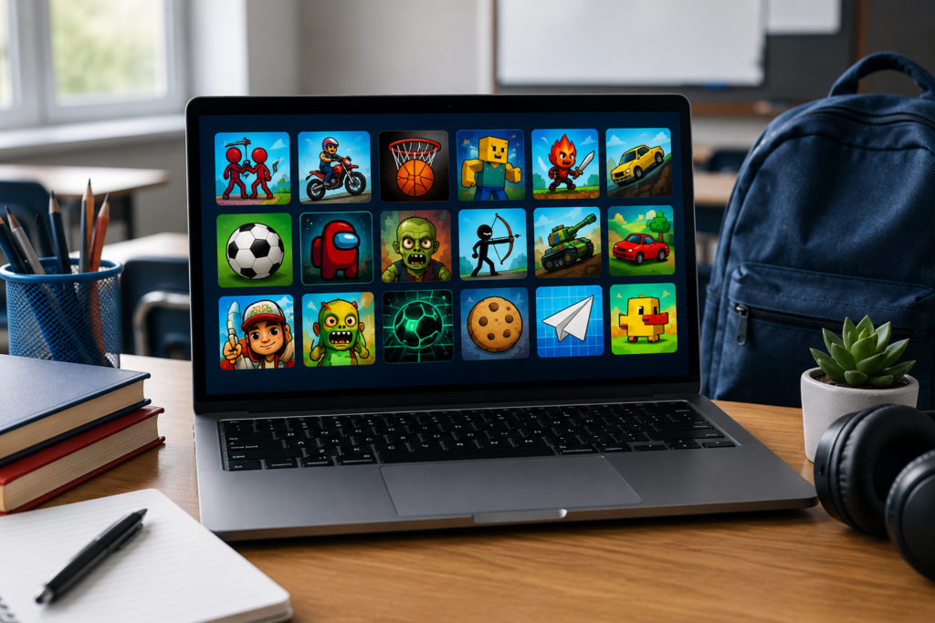 unblocked games for school displayed on laptop screen in classroom desk setup