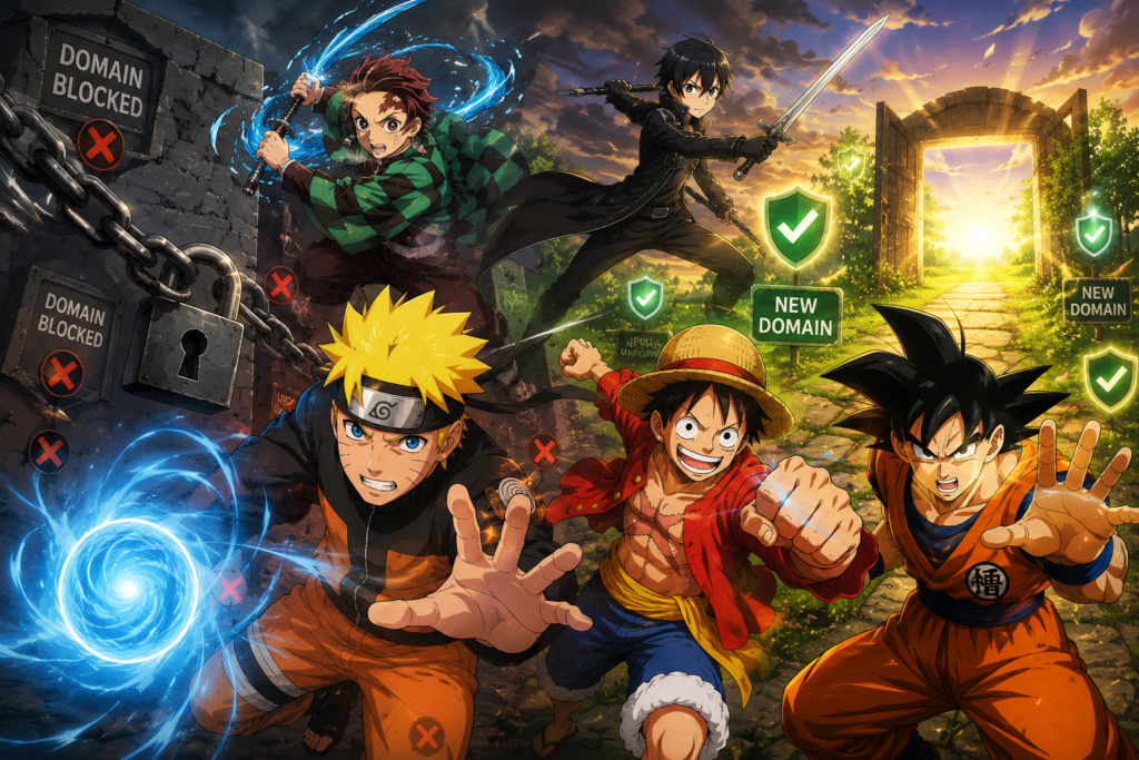 unblocked anime games new domain artwork with naruto luffy goku tanjiro and kirito moving from blocked wall to green open gate