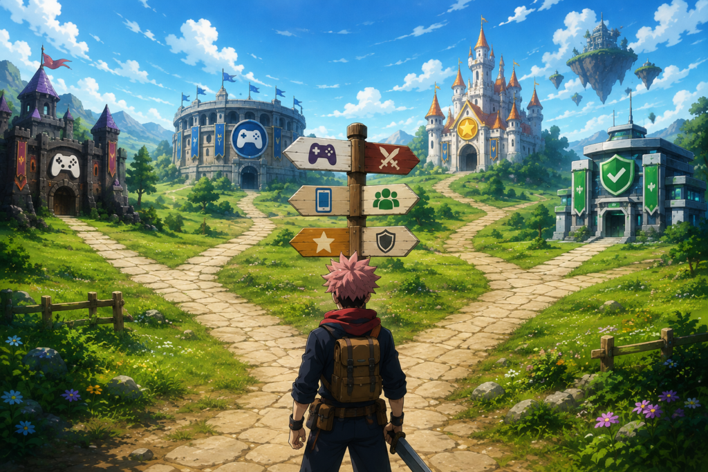best anime games categories artwork with pink haired hero at crossroad signpost leading to fantasy castles and arenas