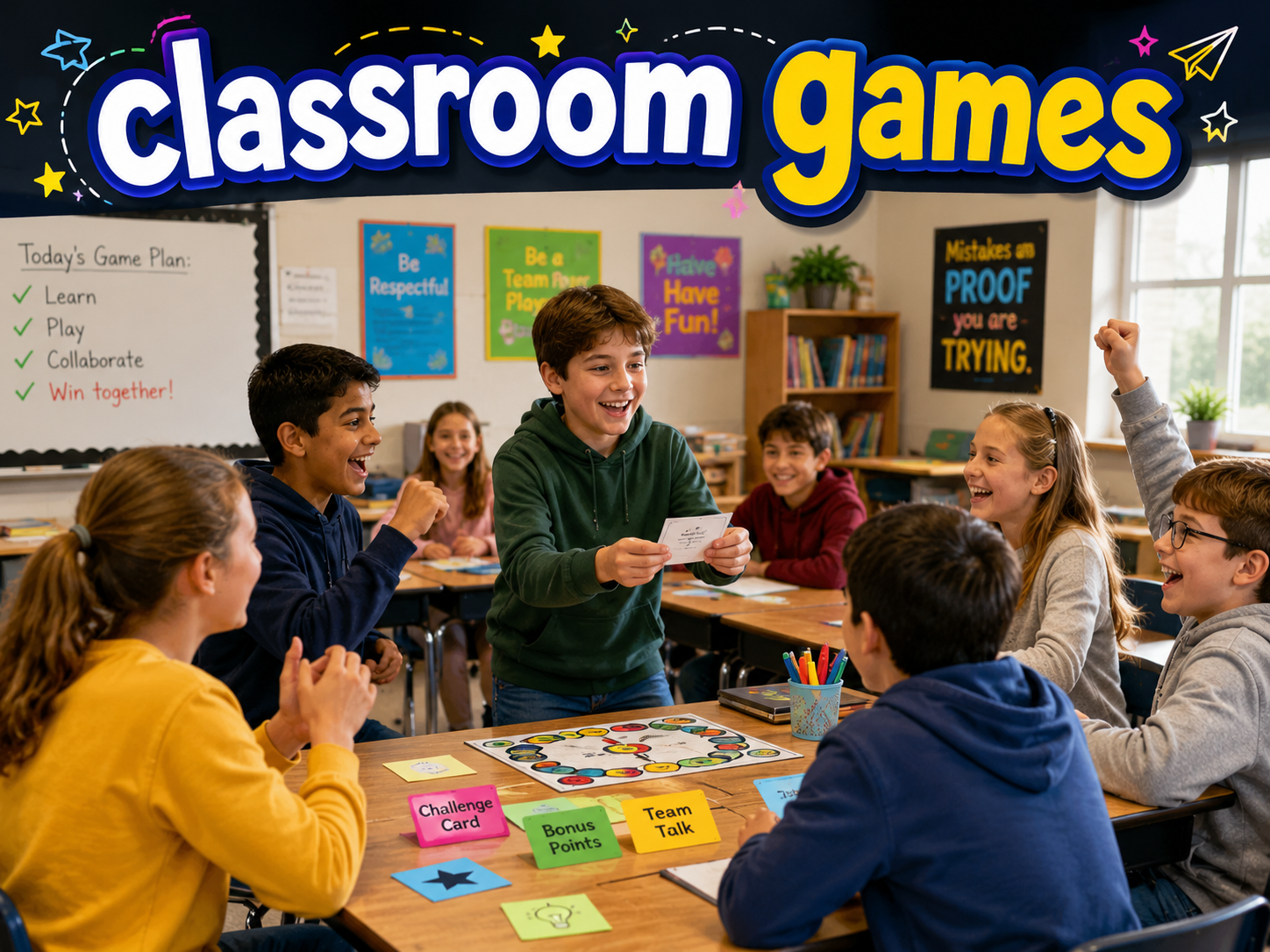 fun classroom games for students showing group of happy kids playing educational board game together
