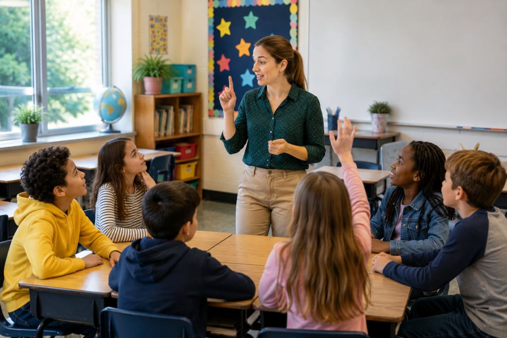 quick classroom games no equipment showing female teacher explaining interactive instructions to seated students
