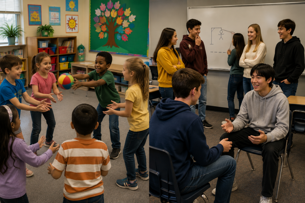 classroom games for all ages split view showing young kids ball toss and high school students playing hangman