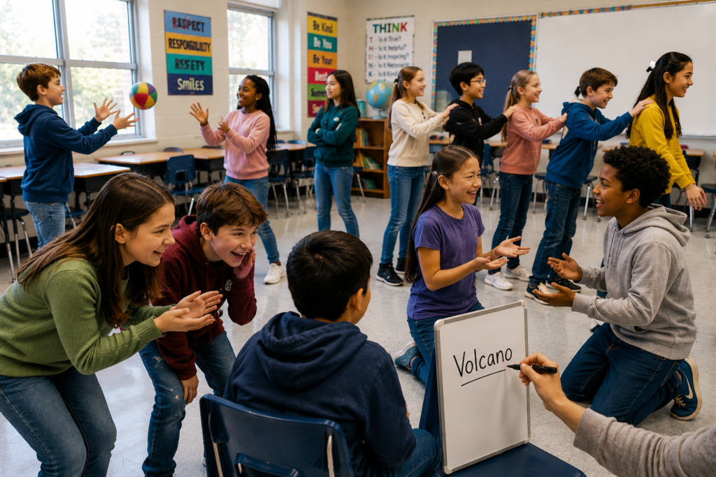 interactive classroom learning games showing students playing vocabulary word guessing game with whiteboard