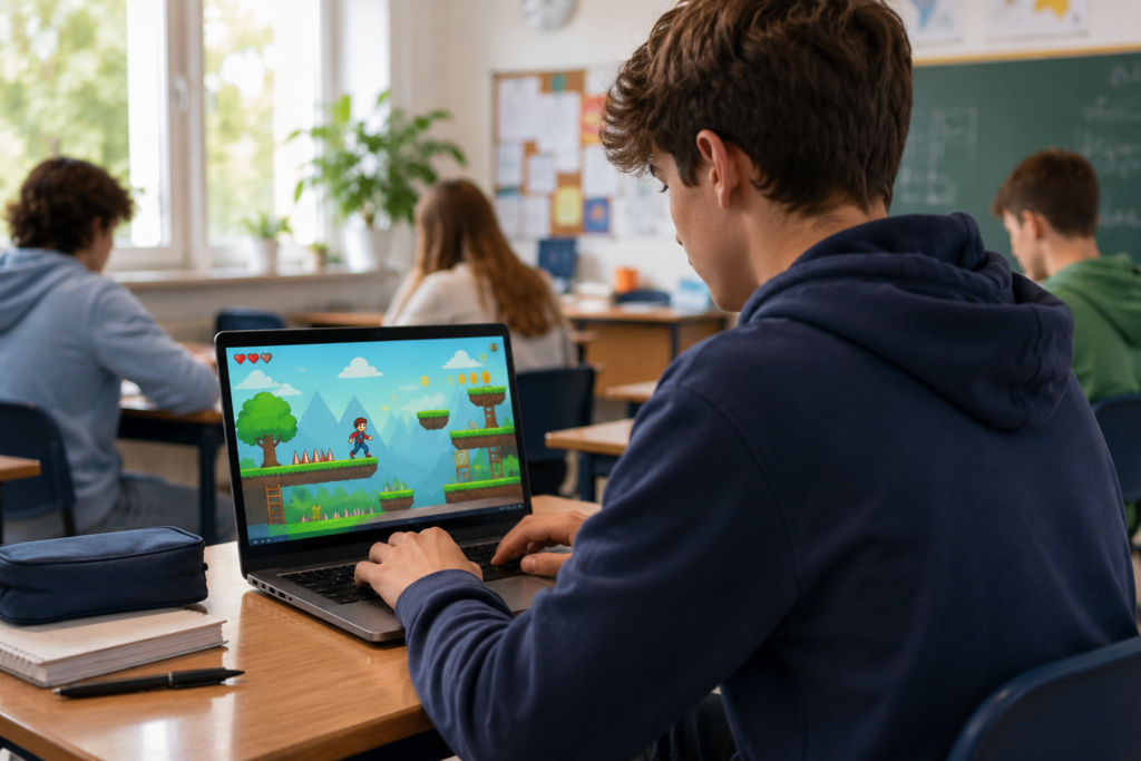 unblocked 2d platformer games for school played by student on laptop in classroom