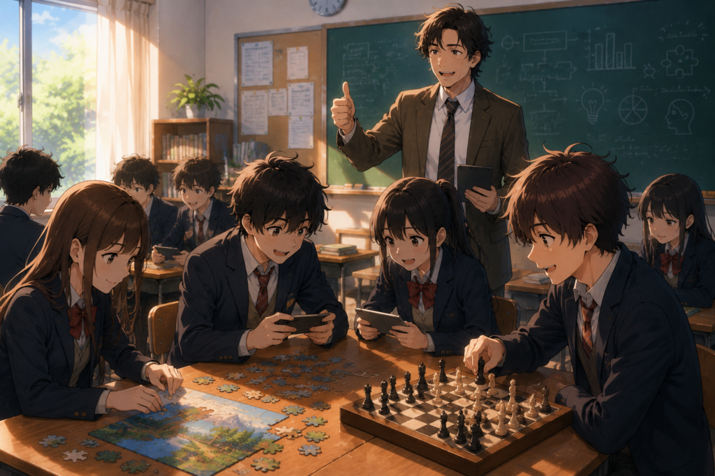 educational classroom activities for students showing anime students playing chess solving puzzles and using tablets with supportive teacher giving thumbs up
