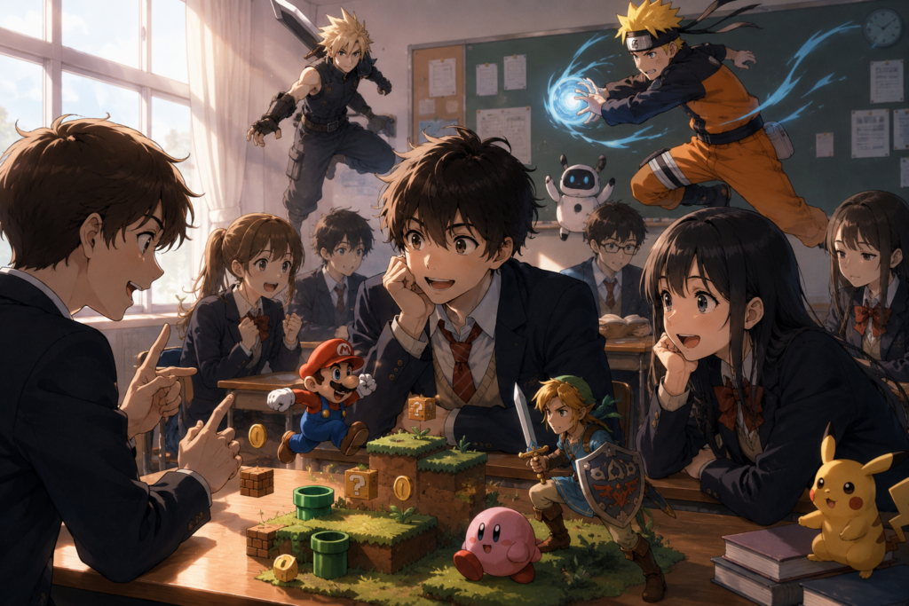 video game characters in classroom showing anime students playing with miniature mario link kirito and naruto