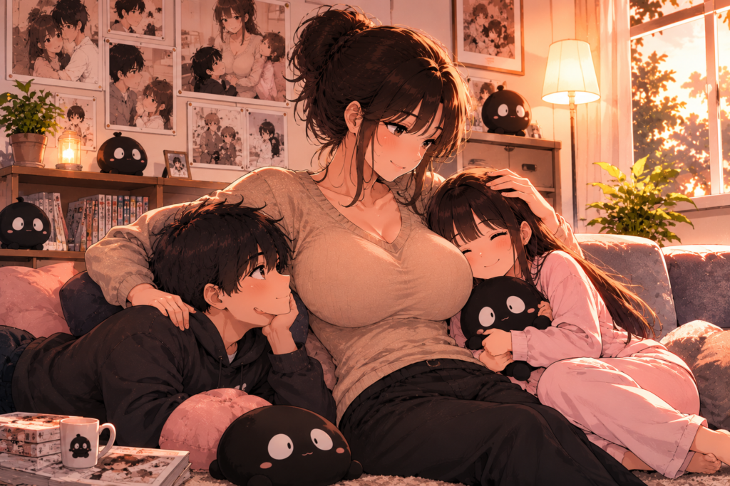 pepper0 comic family cozy moment with mother hugging children on couch in sunlit living room