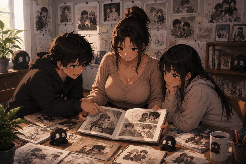 pepper0 comic mother reading book with kids at wooden table surrounded by character sketches