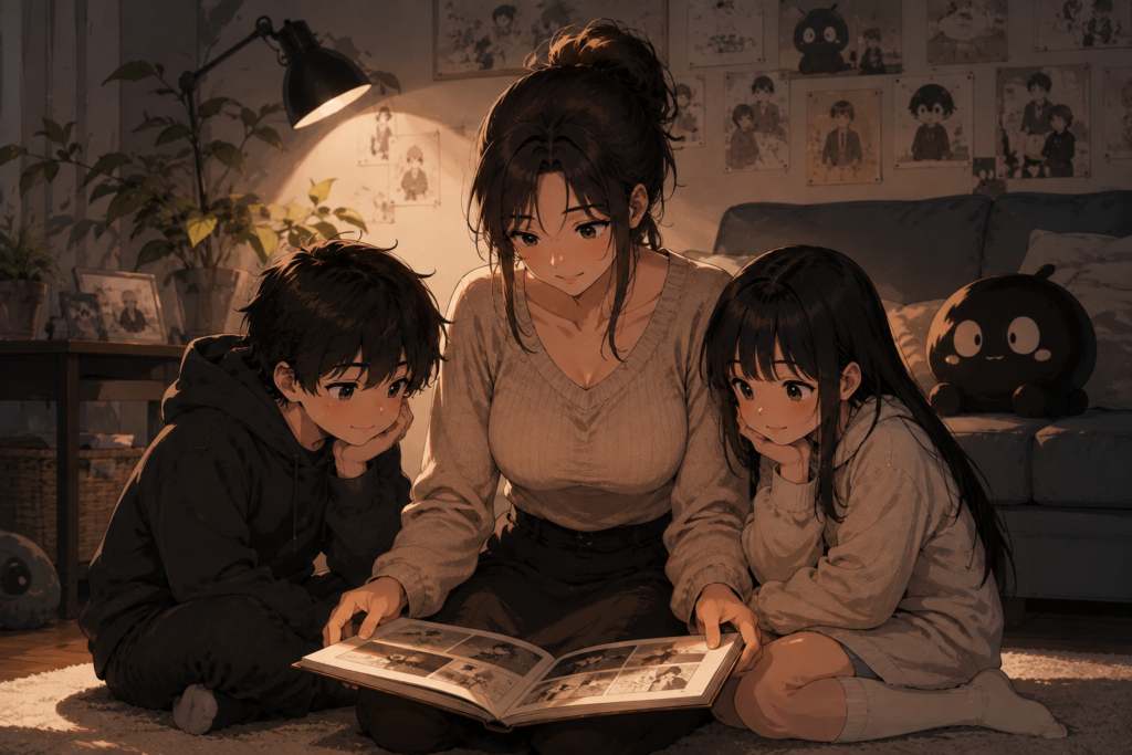 pepper0 comic review mother reading bedtime story to children on floor under warm lamp light