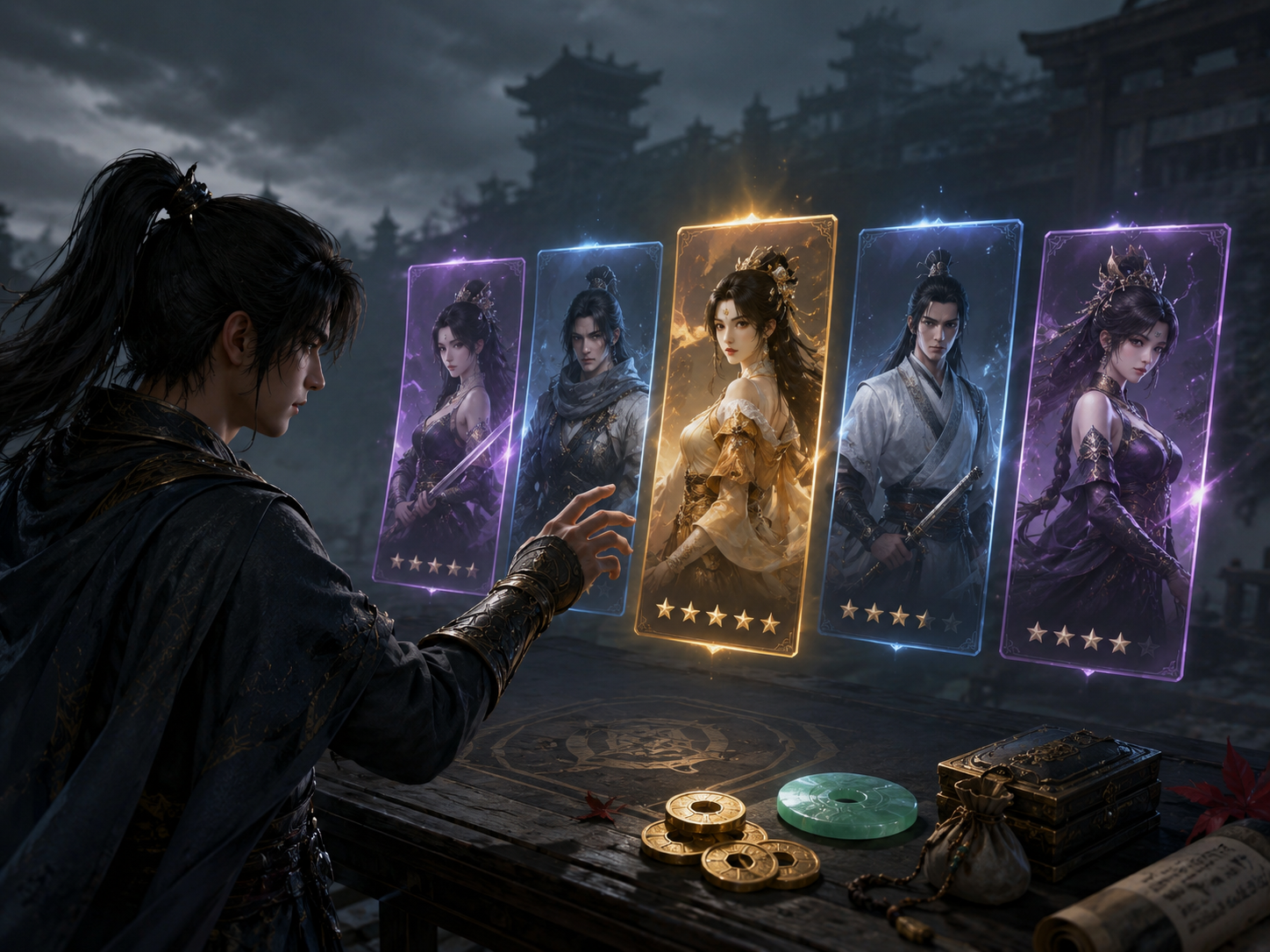 anime expeditions tier list selection screen with gacha cards and glowing yellow five star hero character