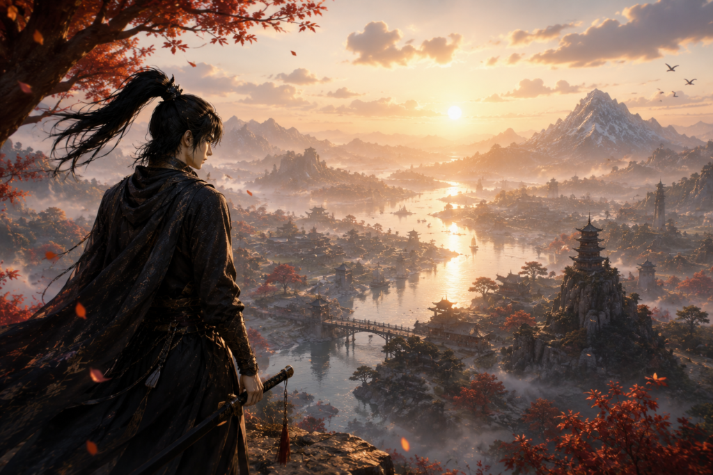 wuxia swordsman overlooking open world river valley answering is where winds meet a gacha game