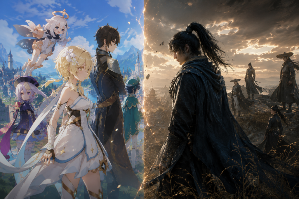 split view comparing genshin impact gacha characters with realistic wuxia warriors asking is where winds meet a gacha game