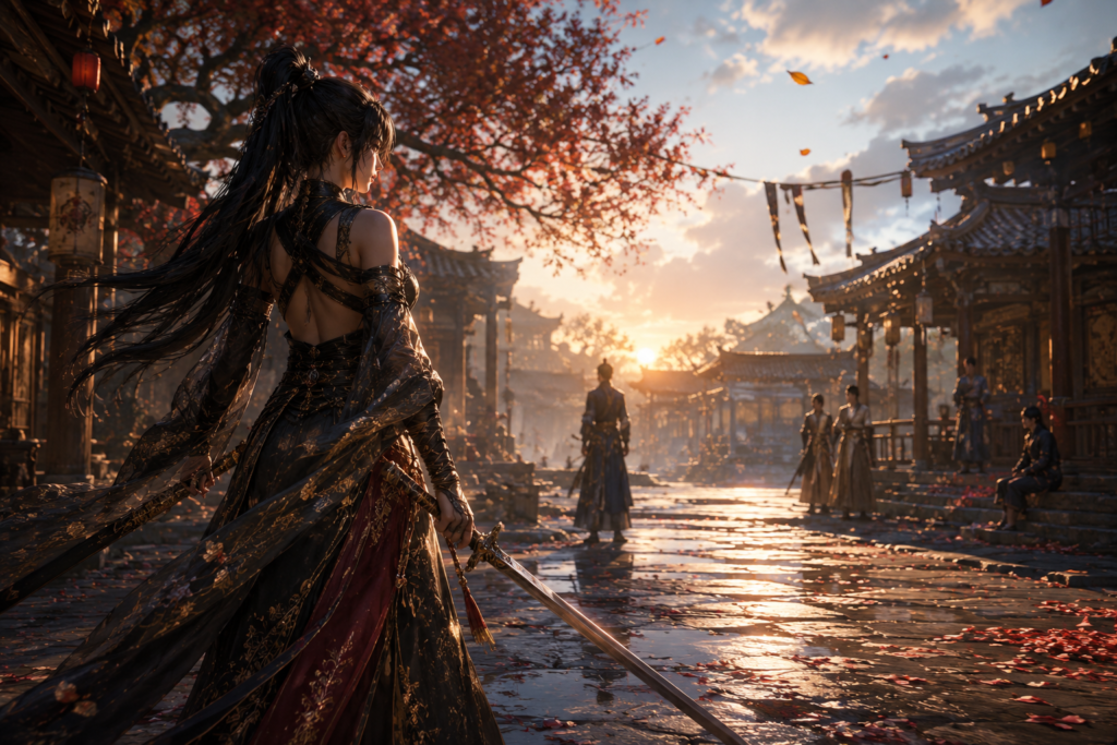female warrior standing with sword answering is where winds meet a gacha game in wuxia open world town at sunset