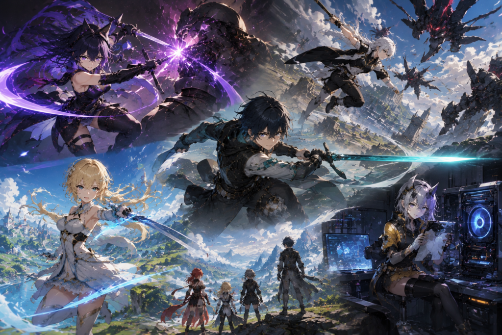 anime action heroes battling monsters showcasing what anime hack and slash games pc feature in open world gameplay